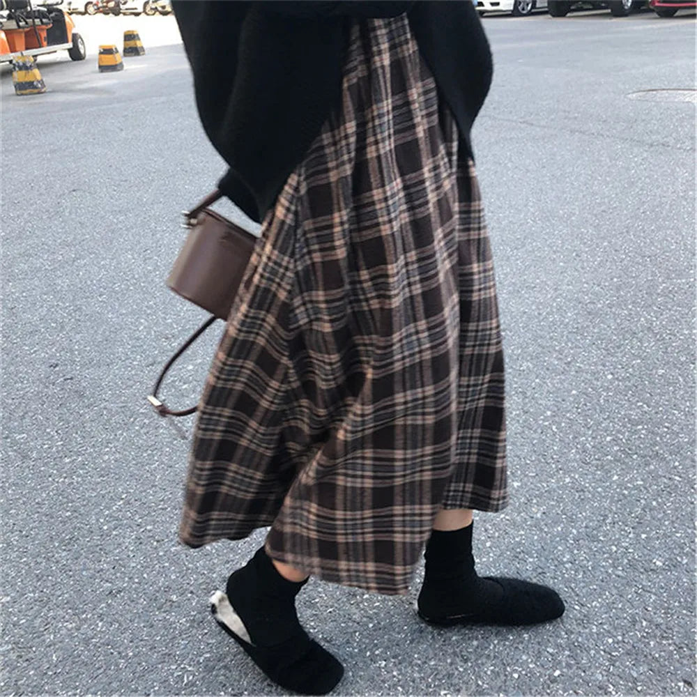 Japanese Rainbow High Waist Aline Wool Plaid Skirt Female Students Preppy Style Wild Midi Skirt Autumn Long Skirt
