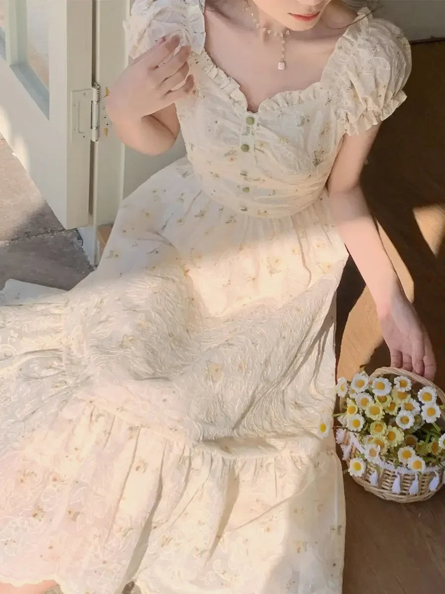 French Style Square Neck Puff Sleeves Dress Summer New Gentle Retro Fairy Forest Style Long Dresses Female