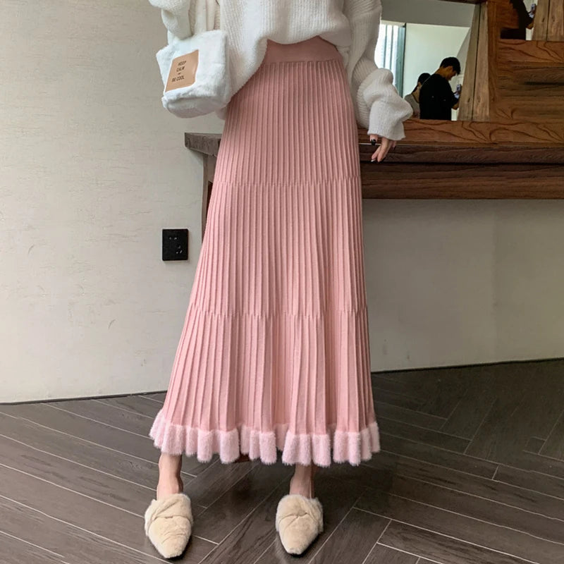 High Waist Ruffled Pleated Skirts Autumn Long Skirt Loose Pleated Ribbed Maxi Skirt