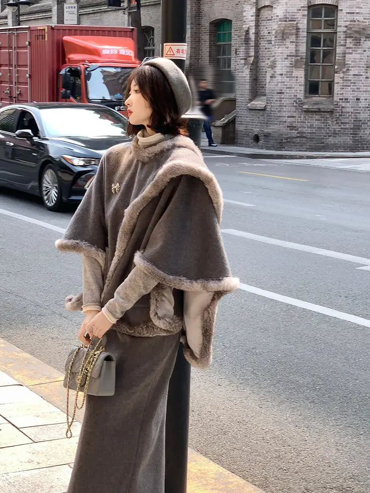 French Retro Style Cape Shawl Wool Coat Top Maxi Skirt Set Winter Socialite Commuting Color Two Piece Sets Outfits