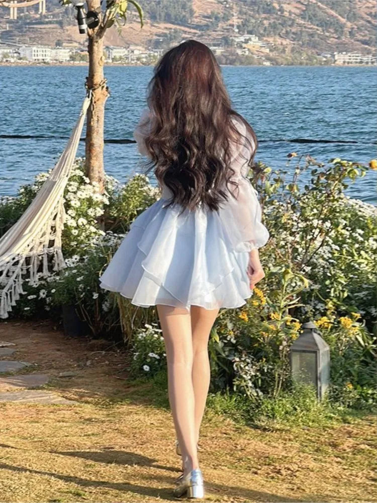 Sweet Kawaii Mini Dress Korean Party Dress Fairy Princess Puff Sleeve Summer Prom Dress