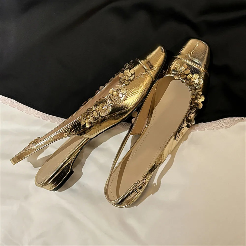 New Genuine Leather Pumps Flowers Decoration Party Wedding Shoes Woman Slingbacks Summer Sandals Pumps