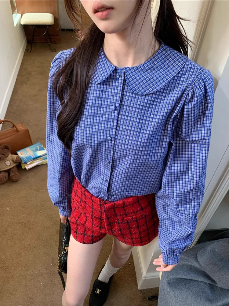 Blue Plaid Shirt Kawaii Peter Pan Collar Blouse Female Preppy Style Puff Sleeve Top With Teen Girl Spring Clothes
