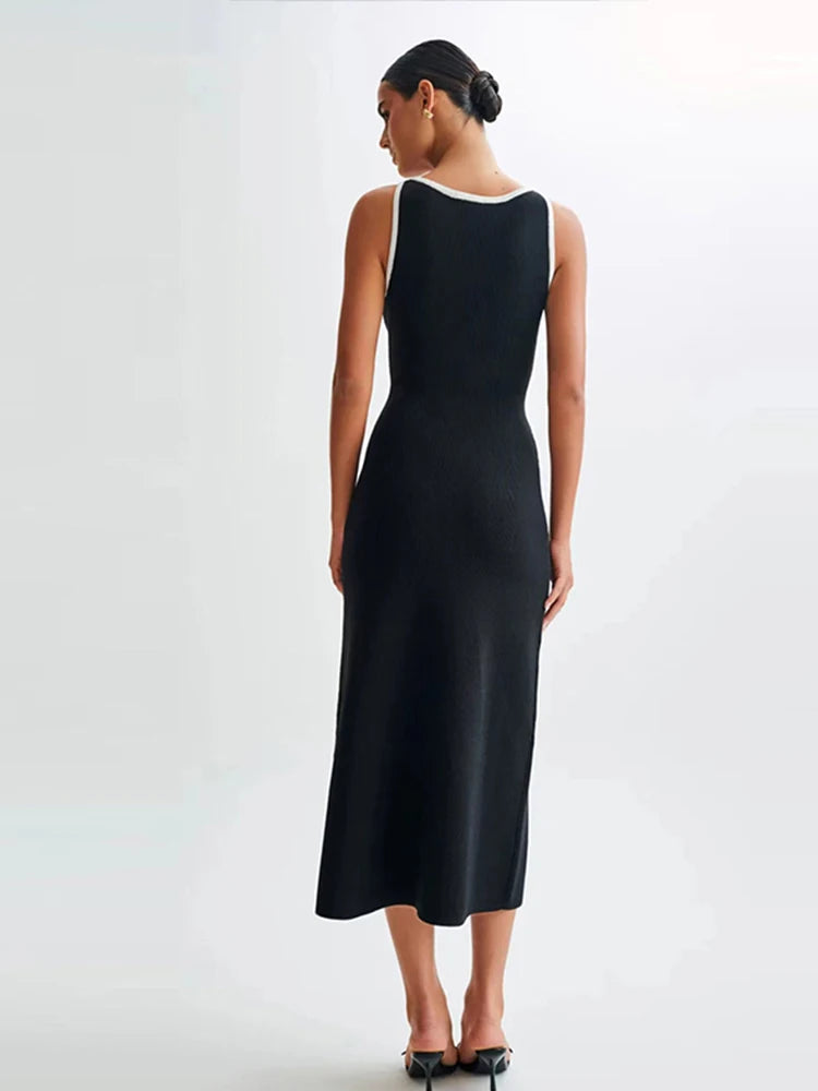 Single Breasted Knitted Maxi Dress O Neck Sleeveless Fake Pockets Dresses New Lady High Street Robes