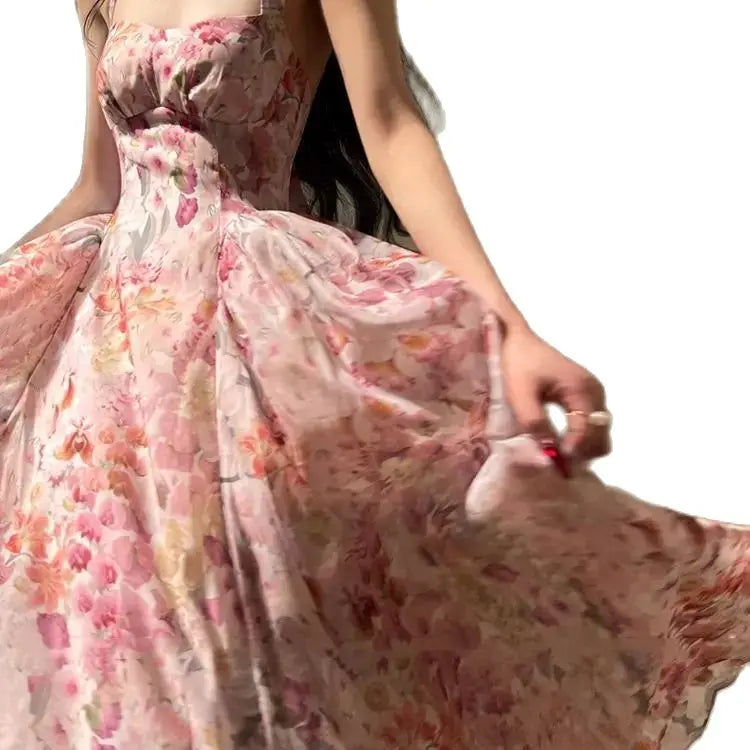 Suspender Dress French Exquisite Print Summer Vacation Seaside Swing Long New Long Dress