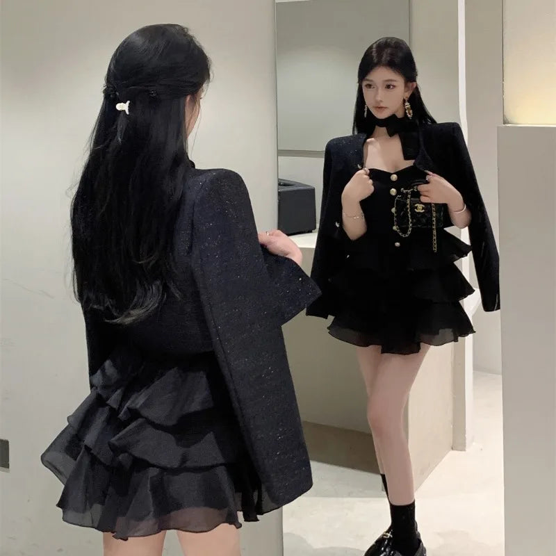 Sweet Hot Girl Suit Autumn Winter Gold Buckle Short Coat Laceup Slim Aline Dress Twopiece Set Female Clothes