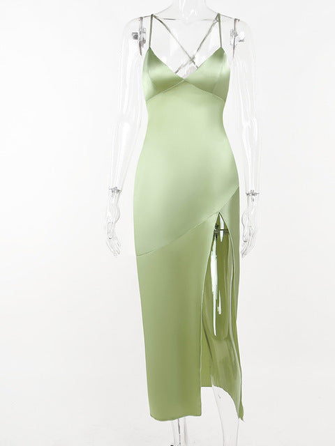 Strapless Satin Maxi Dress Open Back High Slit Slim Dress Spring Summer Party Club Vestidos