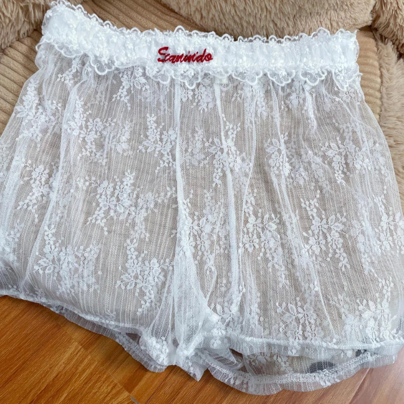 Summer New Letter Embroidery Seethrough White Lace Shorts + Laceup Striped Shorts Twopiece Suit