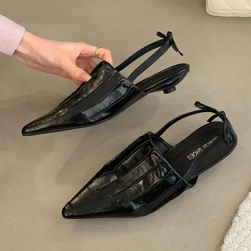 Pointed Pleated Low Heel Shallow Slingback Shoes New Brand Designer Lace Office Mule Shoes