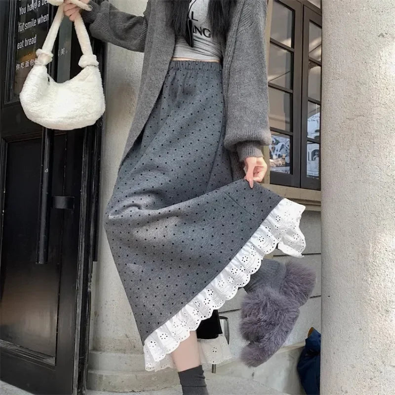 Contrast Color Lace Splicing Aline Skirt Spring New Korean High Waist Polka Dot Midlength Skirt