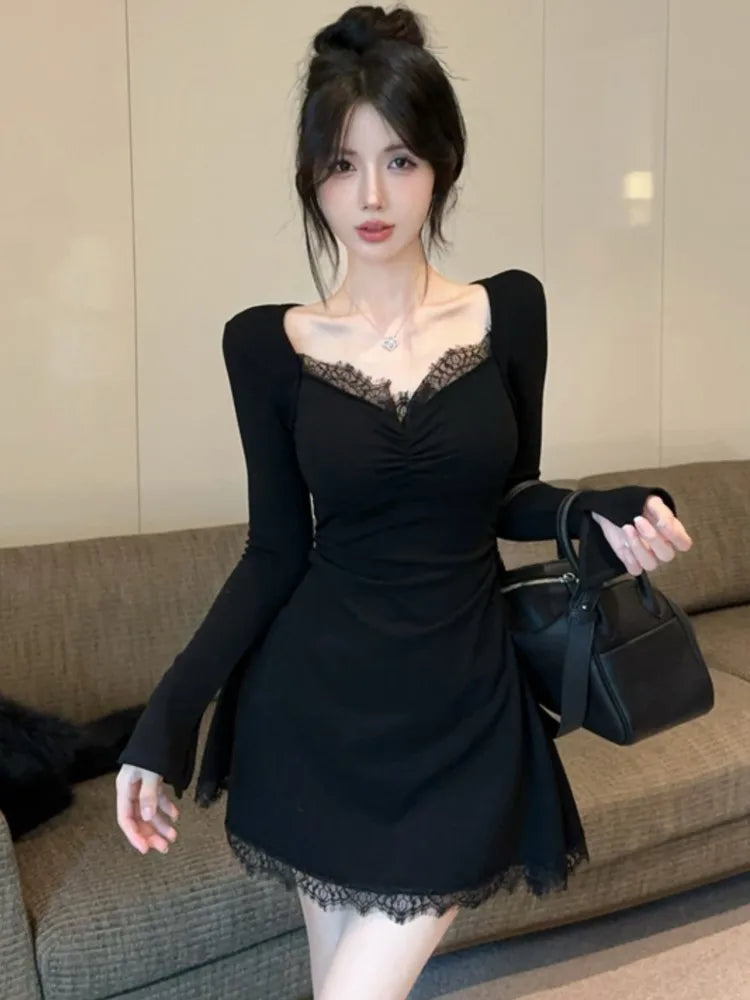 Lace Patchwork Dresses Square Collar Party Mini Dress Autumn Spring Slim Waist Vestidos Female Outfits