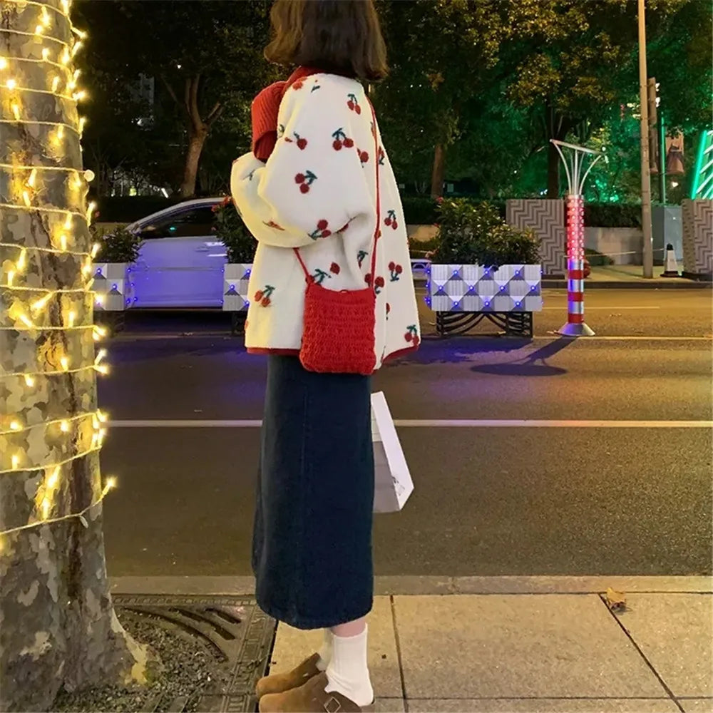 Sweet Jacket Lambswool Cherry Print Oversized Outwear Y2k Clothes Thicked Coat Kawaii Ropa Mujer