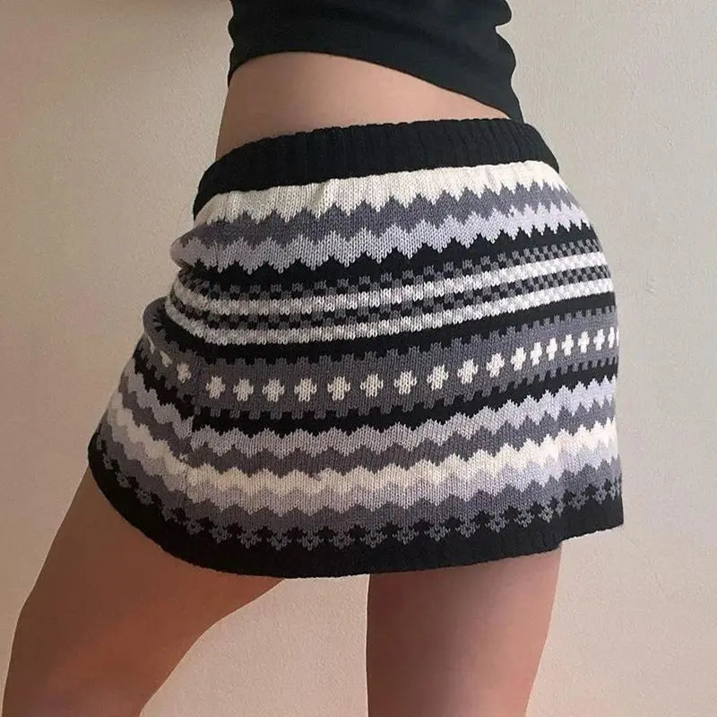 American Style Knitted Skirt Contrasting Color Laceup Striped Printed Hip Skirt Slim Fit Wool Knit Hot Girl Skirt