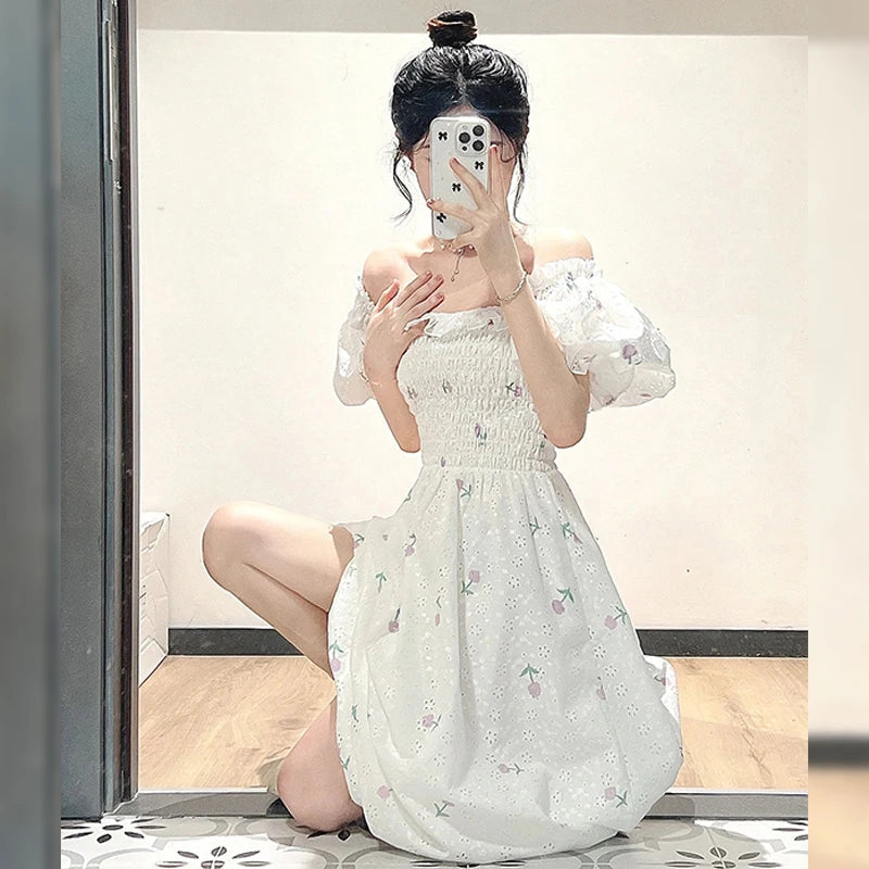 Large Size Summer New Bubble Sleeved Dress With Square Collar, French Kikyo Tea Break Long Skirt