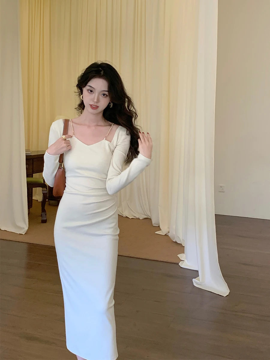 Chain Square Neck Long Sleeves Midi Dresses Spring New French Bodycon Evening Party Female Clothing
