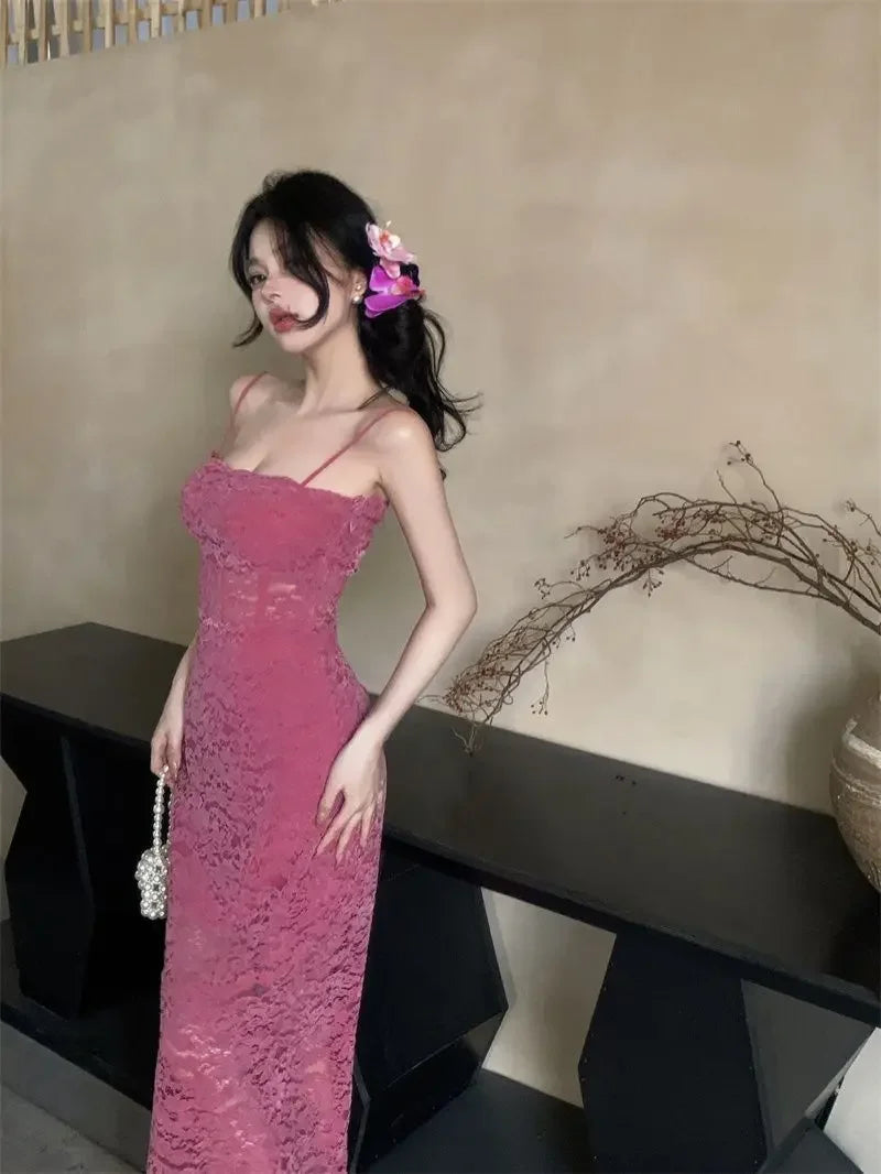 Rose Red Hollow Lace Suspender Dress for in Summer Waisthugging Skirt