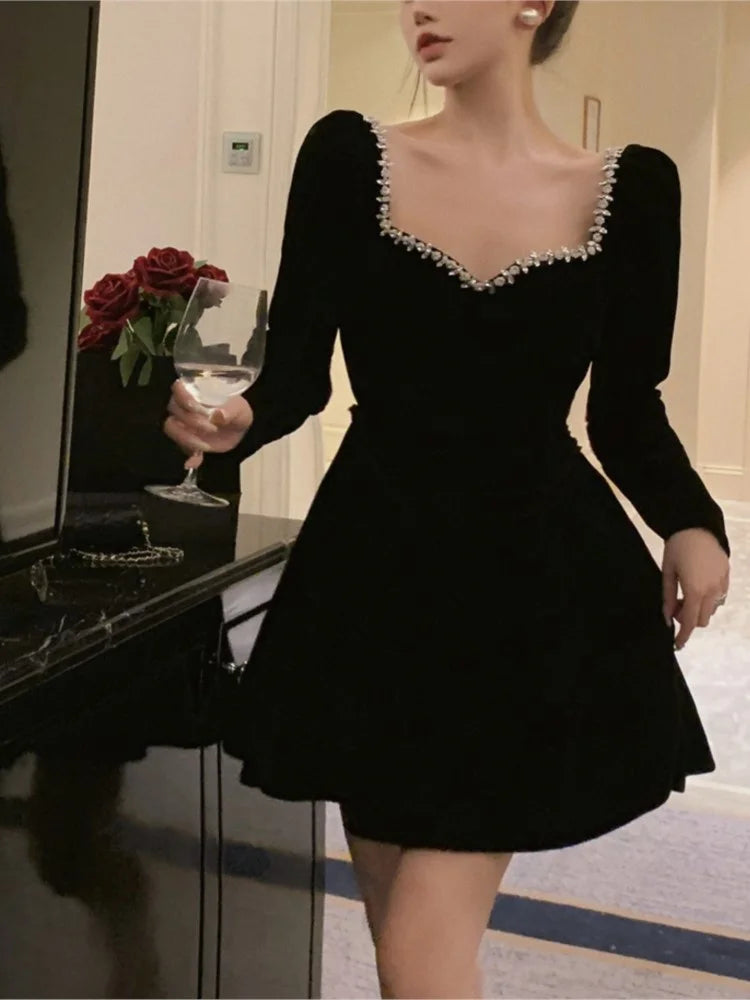 French Velvet Evening Robe for Autumn Diamonds Long Sleeve High Waist Mini Dresses Birthday Party Prom Clothing