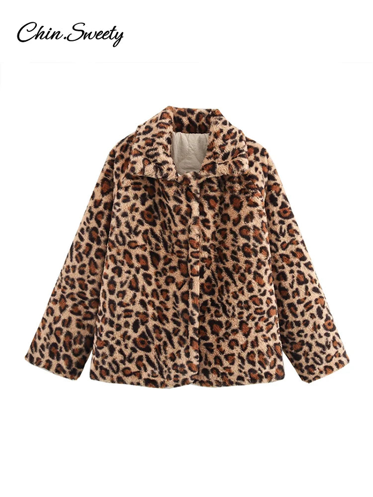 Leopard Double Side ’s Quilted Parkas Long Sleeve Lapel Fleece Button Padded Coat New Lady Thick Warm Outwear