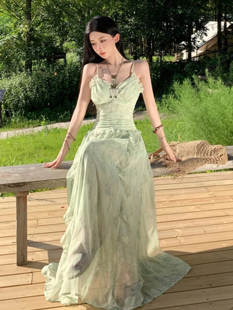 Green Ruffles Sleeveless Bodycon Vneck Summer Holiday Vacation Long Dresses Printed Party Dress Vestidos
