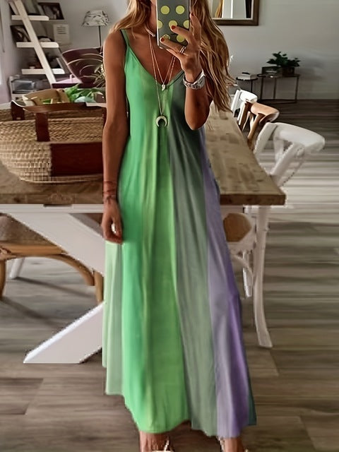 Color Gradient Print Spaghetti Strap Dresses Summer V-neck Beach Vacation Style Long Dress Female A-line Vestidos