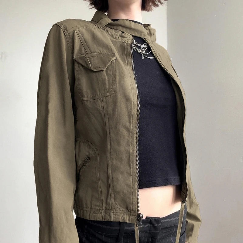Patchwork Stand Collar Military Jacket Y2k Autumn Pockets Zipper Coat Grunge Style Outfits