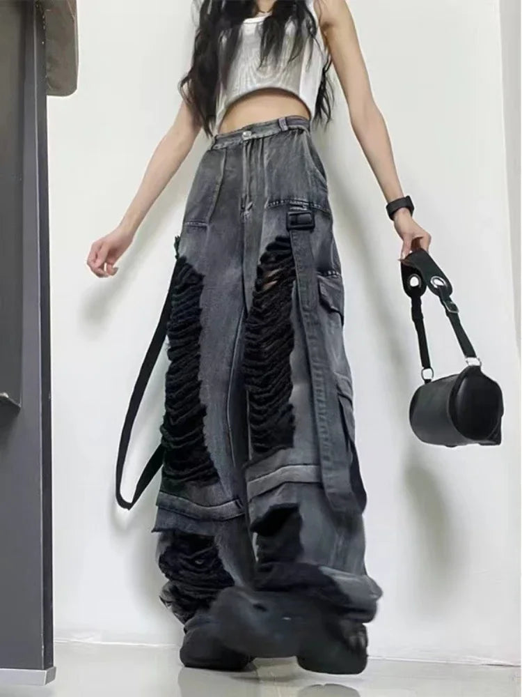 Black Ripped Jeans for Hip Hop Y2k Baggy Hole Do Old Wide Leg Cargo Denim Pants Bottoms
