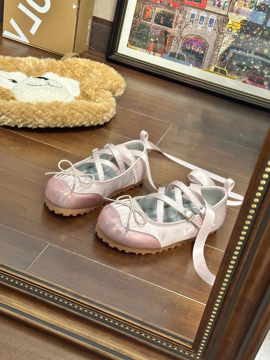 Ballet Flats Round Toe Lace Up Black Pink White Bow Designer Shoes Sandals Ballerinas Mary Jane Shoes for