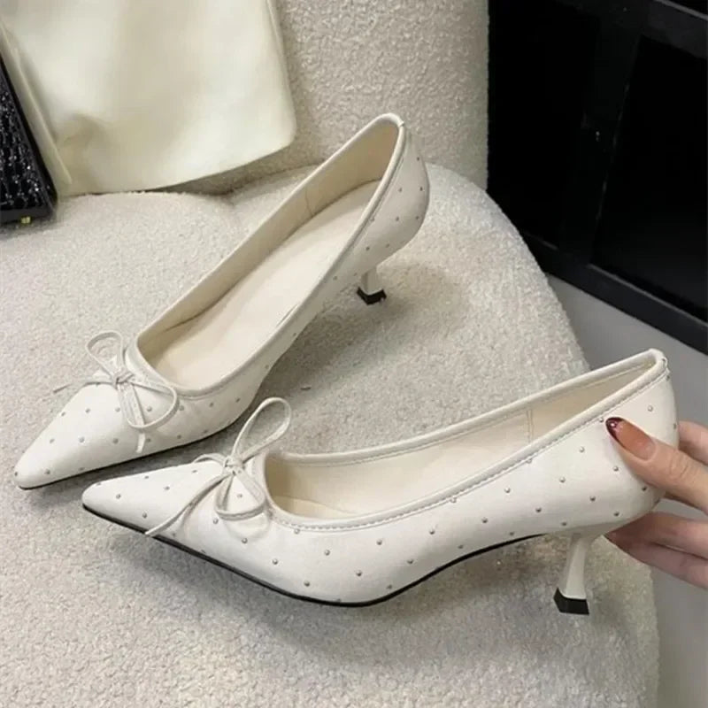 Rhinestone Bow Decoration Pumps Pointed Toe Satin Thin High Heels Banquet Shoes Mules Loafers