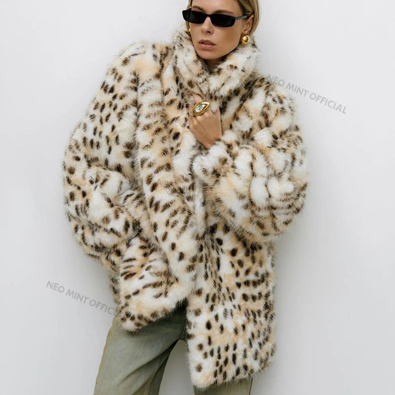 Exclusive Long Brown Leopard Fox Fur Coat Winter New Hot Brand Faux Fur Jacket Overcoat
