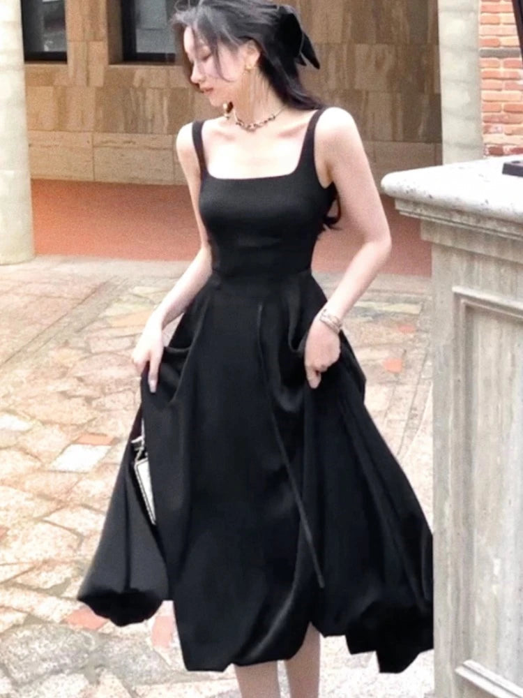 Satin Midi Dresses for Sleeveless Aline Summer Evening Party Dress French Prom Robe Vestido Mujer