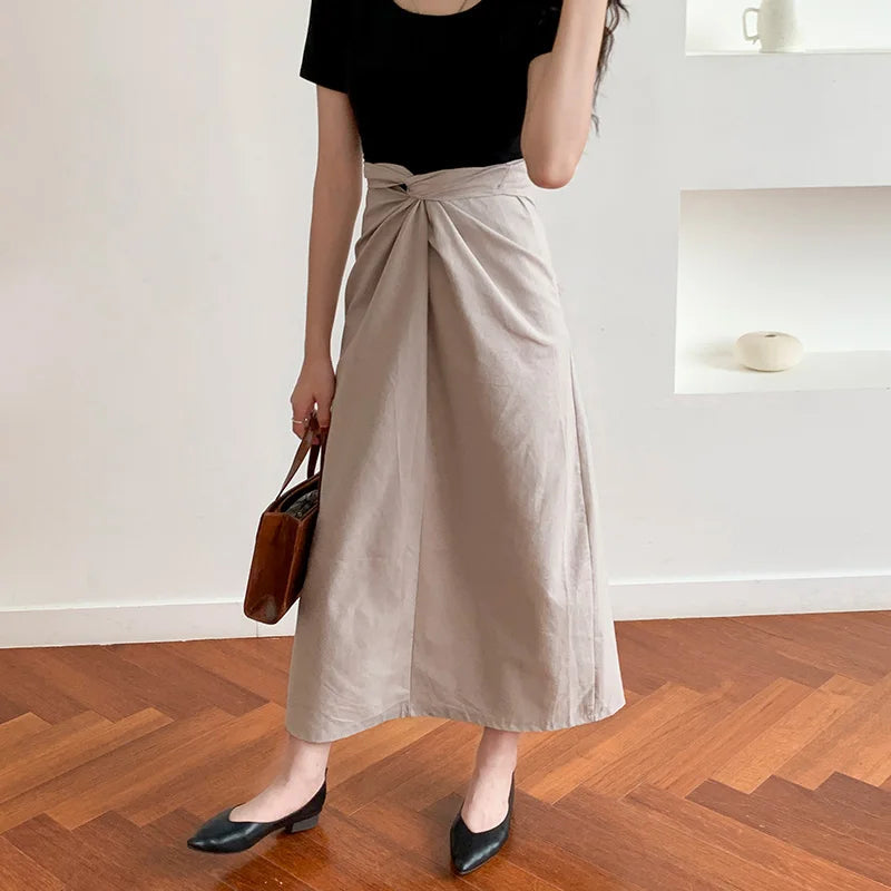 Korean Skirt Design Twist Linen Summer New High Waist Slimming Aline Long Skirts