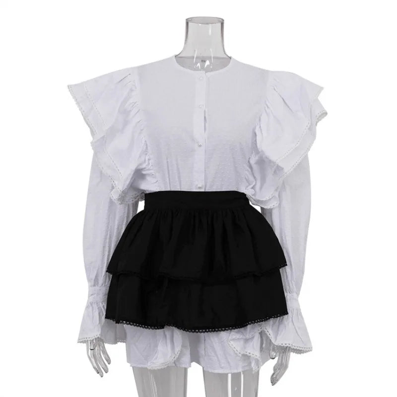 Ruffled Flare Sleeve Shirt Dress for With High Waisted Shorts Contrast Color Patchwork Mini Party Dress Autumn New