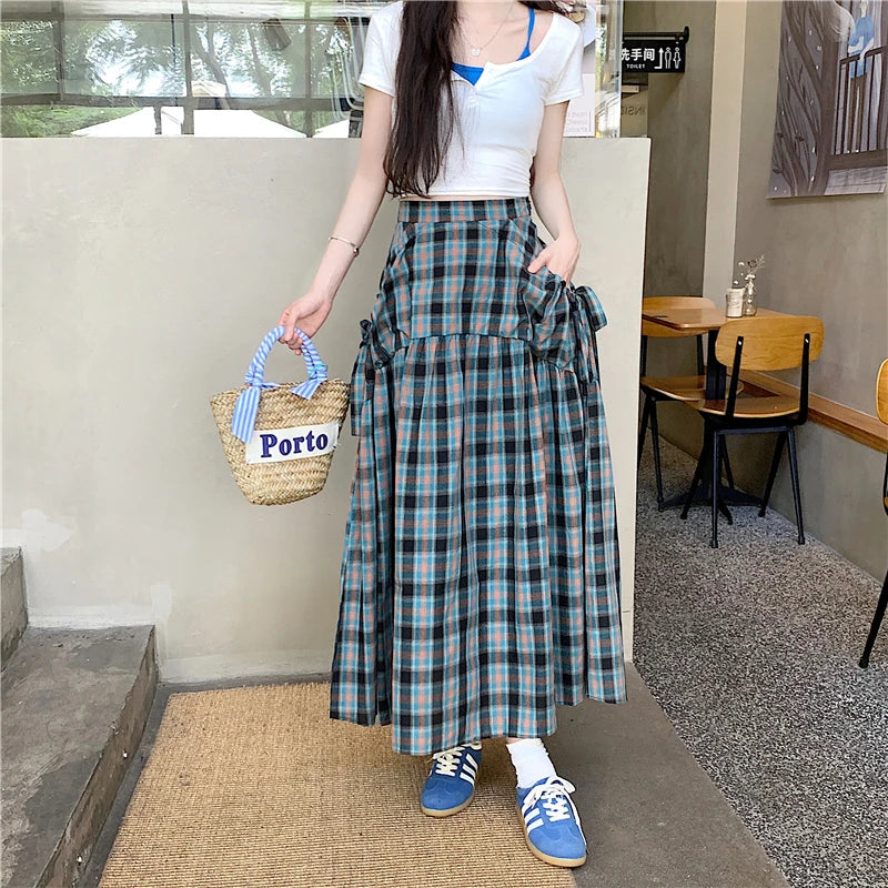 American Long Skirts for Arrival Plaid Lace Up High Waist Color Patchwork Pleated Skirts Skirt