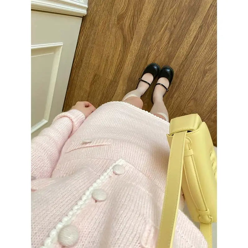 Sweet Hot Girl Suit Autumn Turndown Collar Knitted Cardigan High Waist Wrap Hip Skirt Twopiece Set Female Clothes