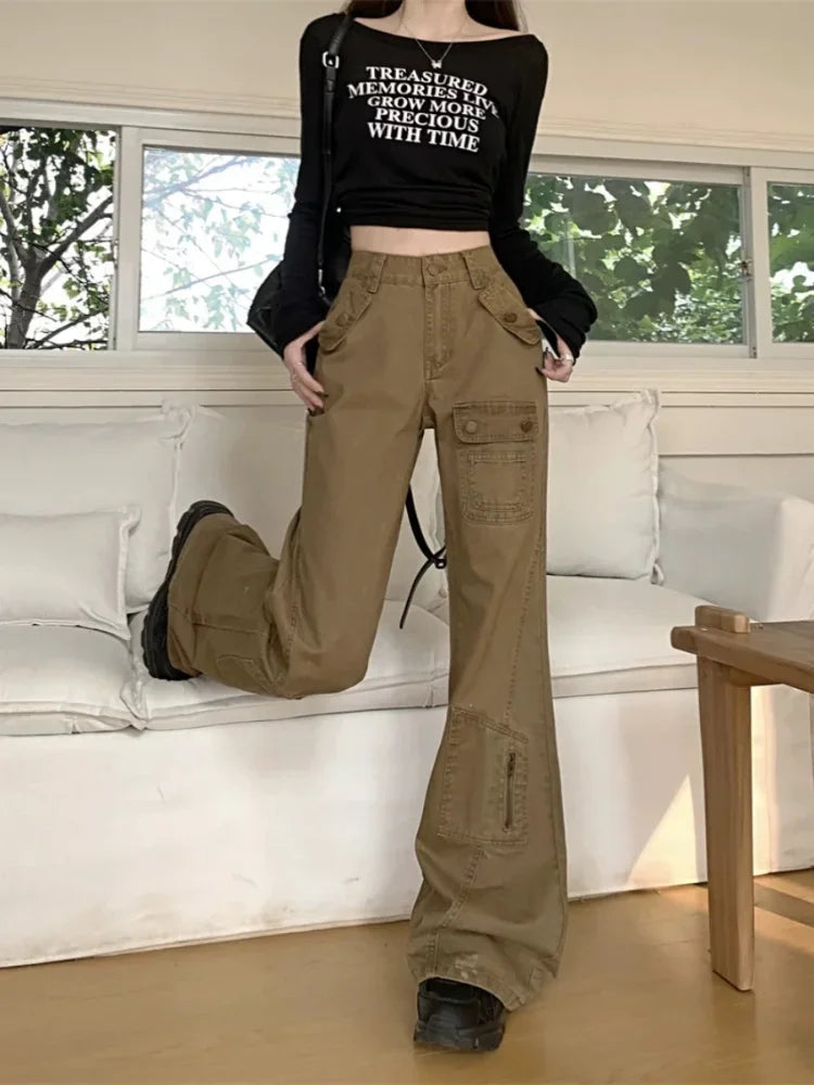 Khaki Denim Cargo Pants Y2k Hip Hop Retro Baggy Low Waist Korean Boot Cut Jeans Harajuku Causal Trouser