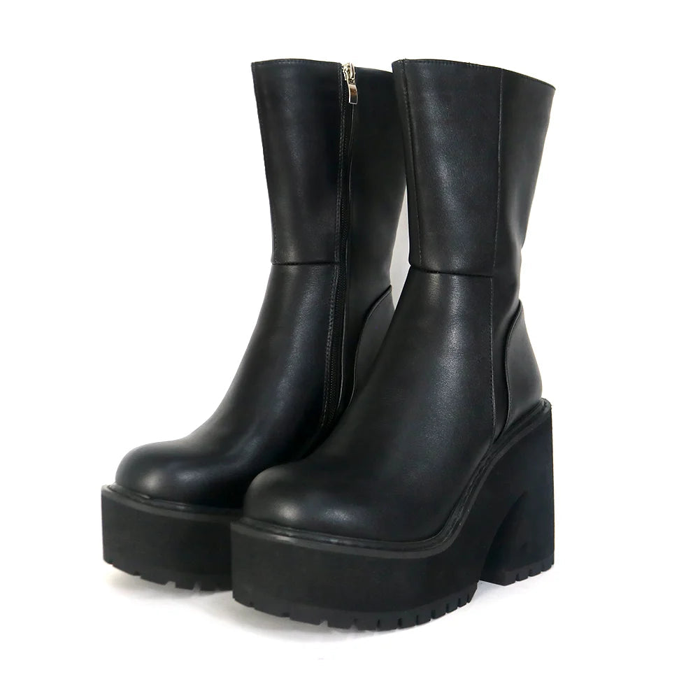 Platform Chunky High Heeled Knee High Boots Cool Round Toe Sweet Heeled Boots Gothic Uniform Dress Shoes