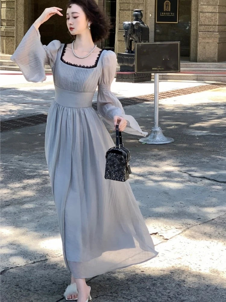 Autumn Princess Midi Dresses for Square Collar Flare Sleeve A-line Party Dress Slim Waist Korean One Piece Vestidos New