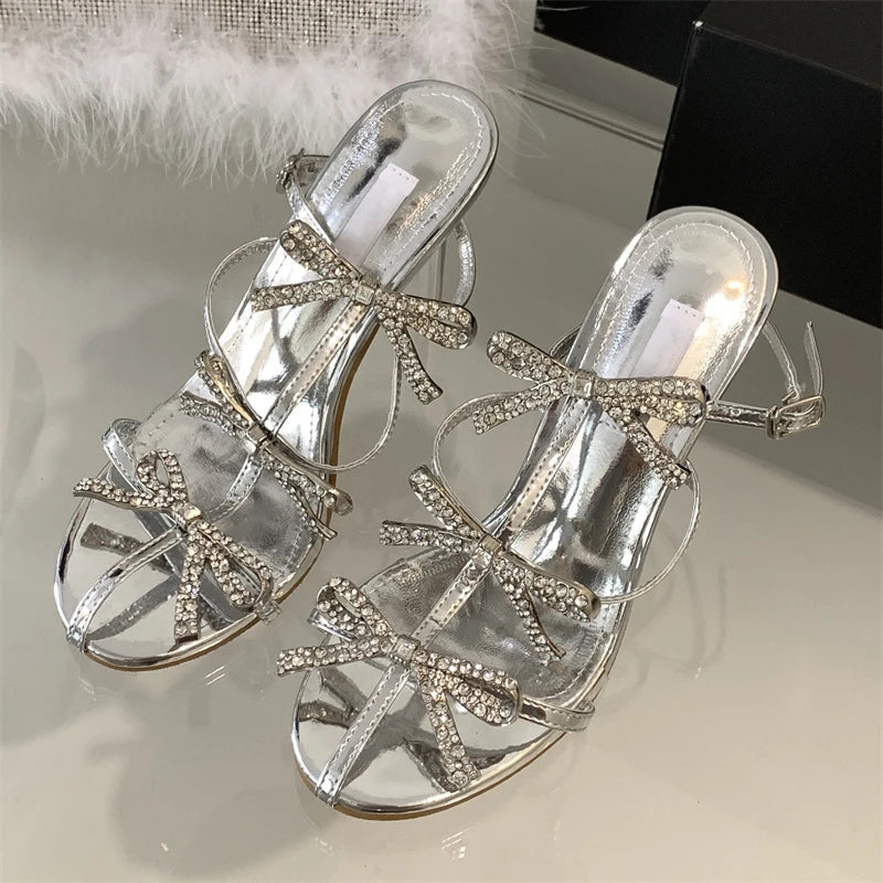 Summer Crystal Butterflyknot Pointed Toe Pumps Buckle Strap High Heels Party Prom Sandals Mule Shoes