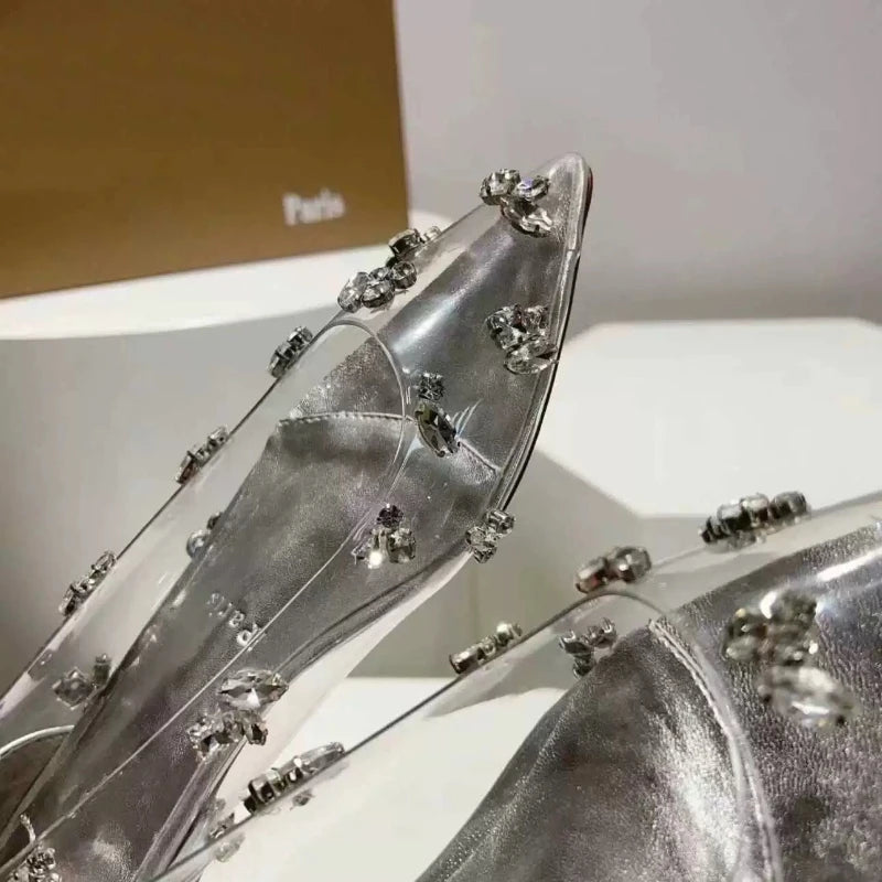 Transparent Rhinestone Pointed Ballet Shoes Design Sense Simple High Heels Silver Design Flats