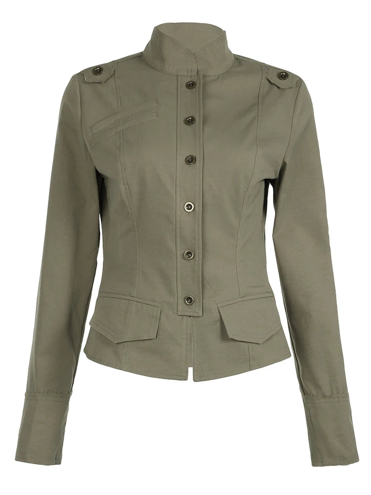 Retro Green Slim Cargo Jackets Button Up Stand Collar Long Sleeve Autumn Korean New Outwear