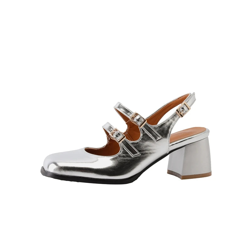 44 45 46 Black Silver Chunky High Heels Mary Jane Shoes Square Toe Double Buckle Pumps Slingback Sandals