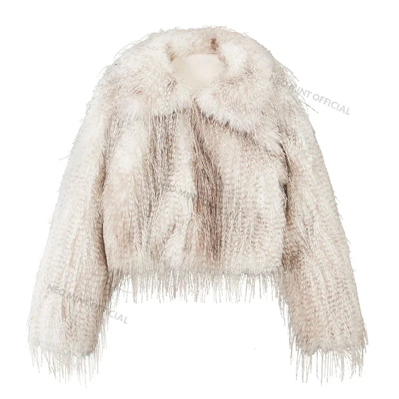 Exclusive Designer Winter Gradient Faux Peacock Fur Coat Furry Tassels Fur Jackets Y3k Outerwears