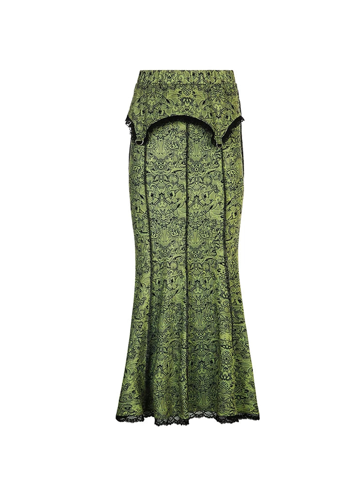 Forest Green Print Aesthetic Vacation Long Skirts Lace Trim Mermaid Skirt