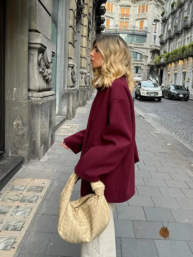 Causal Burgundy Autumn Full Sleeve Woolen Coat With Scarf Single Breasted Jacket Female New Office Wear