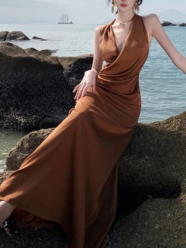Spring Summer Halter Midi Dress Sleeveless Party Beach Long Vestidos Female Bodycon Slim Robe