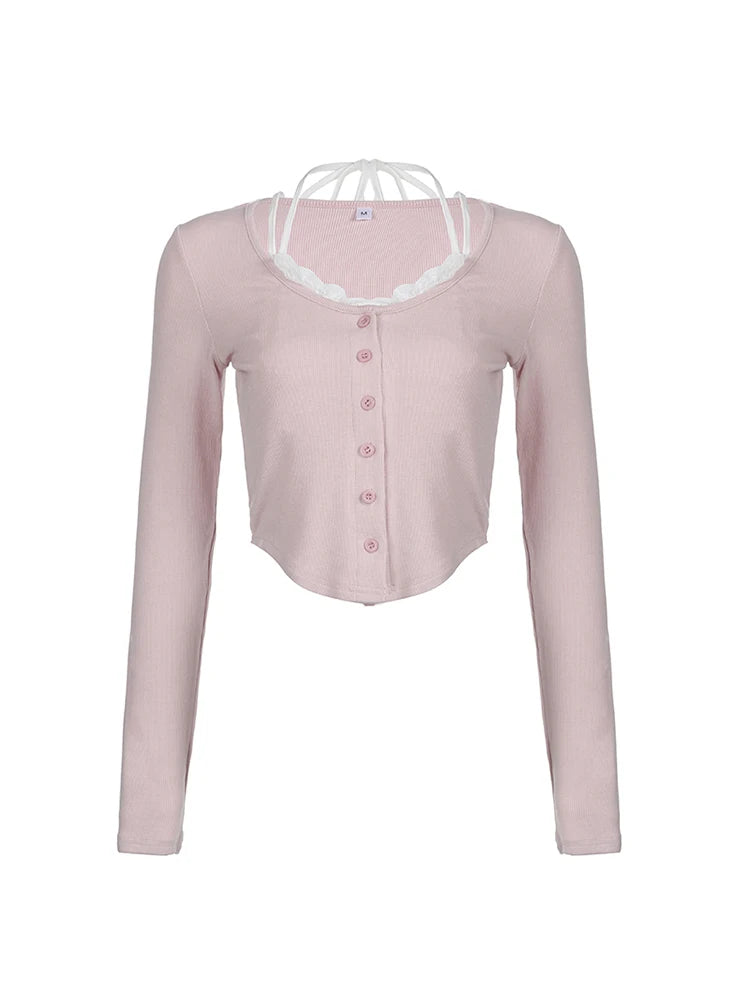 Sweet Y2k Pink Slim Long Sleeve Cropped Button T-shirt Contrast Lace Patchwork Halter Tie Kawaii Balletcore Clothes