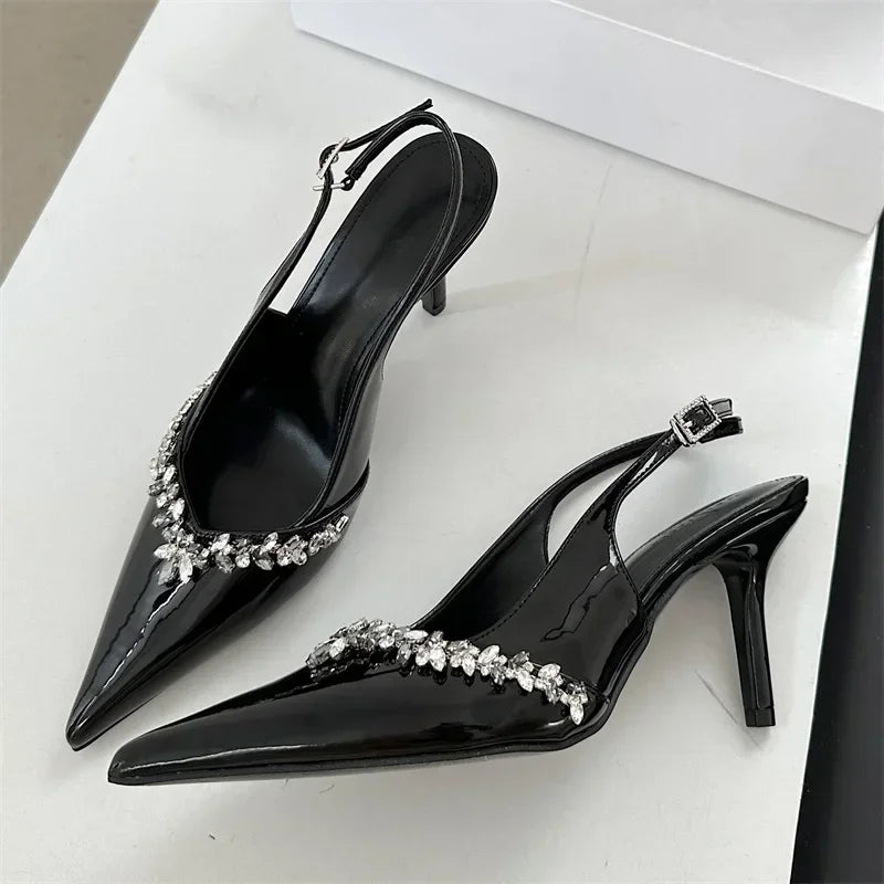Rhinestone Buckle Strap Pumps Pointed Toe Thin High Heels Slingbacks Heels Sandals Party Prom Shoes
