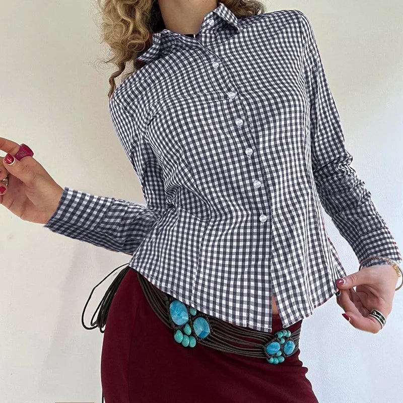 Y2k Turn-down Collar T-shirt Button Up Long Sleeve Slim Tee Outfits Autumn Top