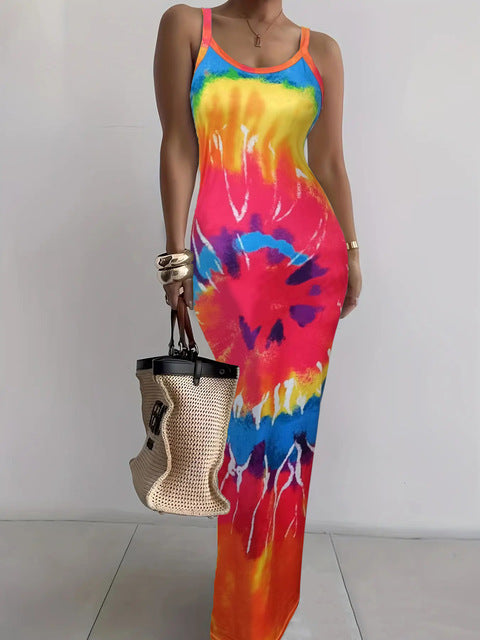 Color Tie Dye Print Spaghetti Strap Long Dresses Package Hip Bodycon Dress Female Club Vestidos