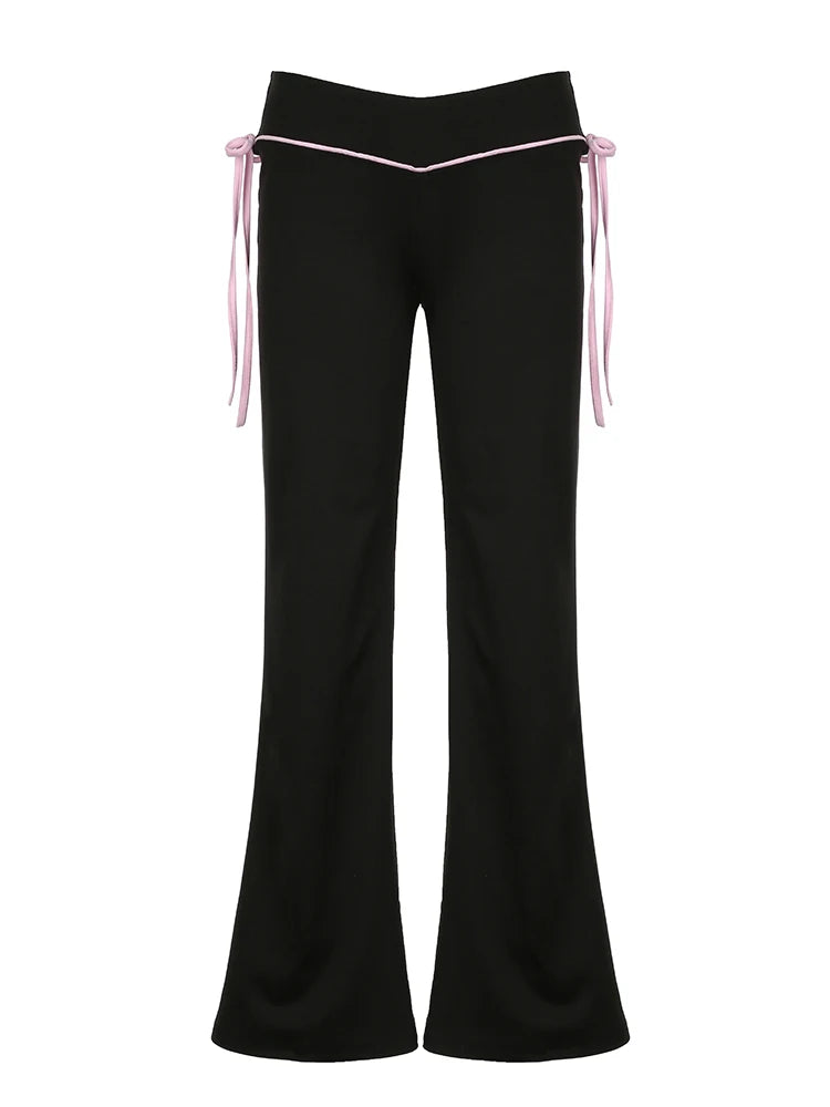 Contrast Lace-up Low Waist Y2k Flared Pants Black Basic Simple Sweet Style Trousers